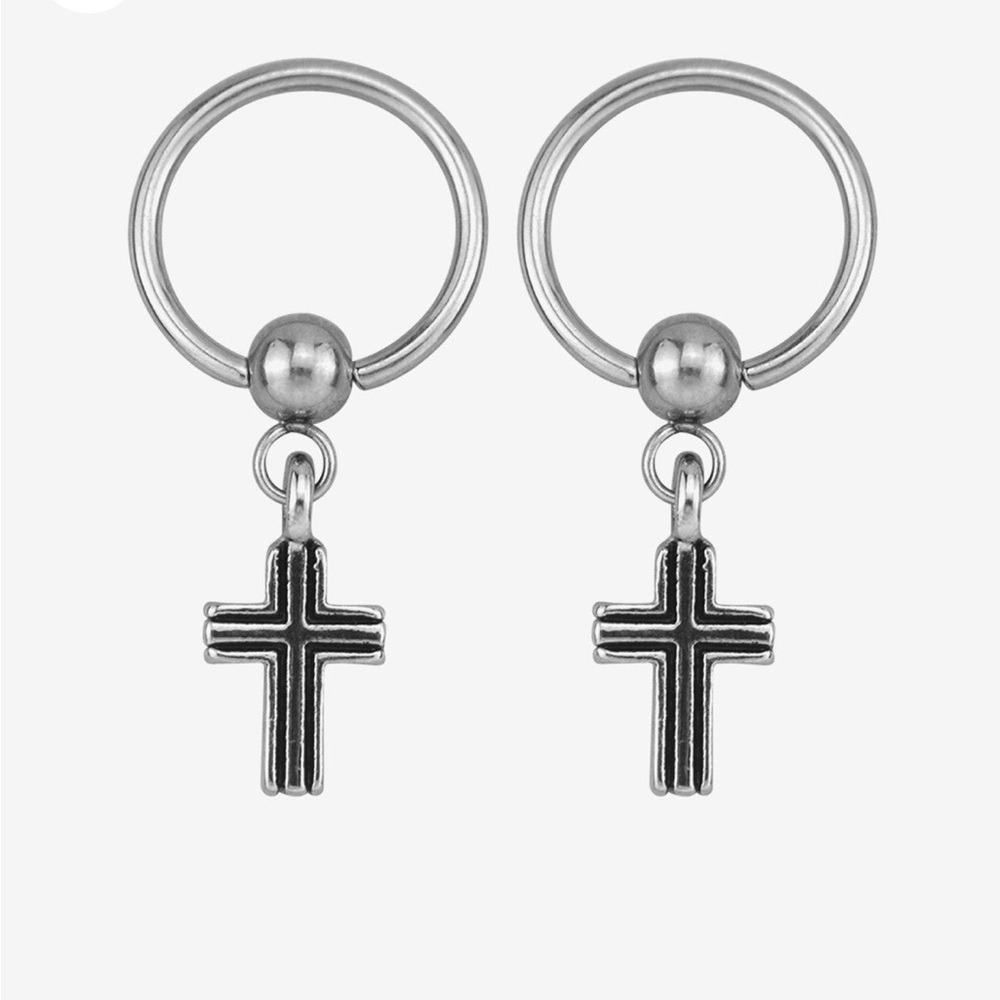 Steel Cross Charms Captive Hoop 2 Pack